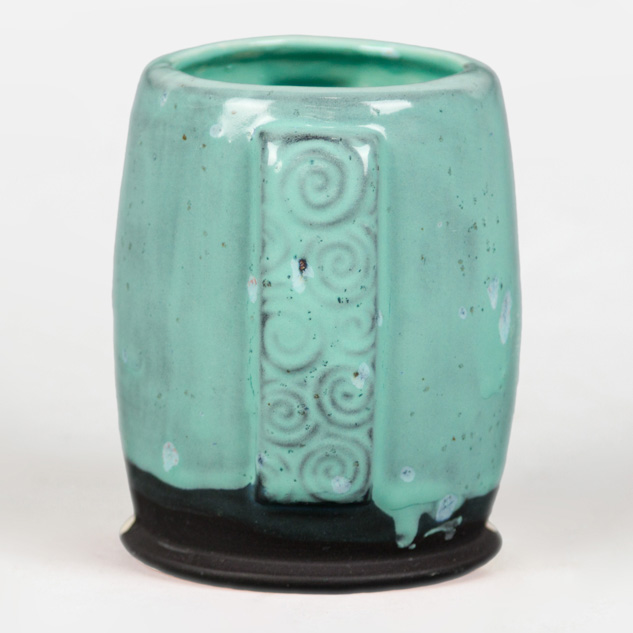 SW-515 Aqua Gloss over SW-150 Celadon Bloom on EG-006 Sparkle Black Engobe